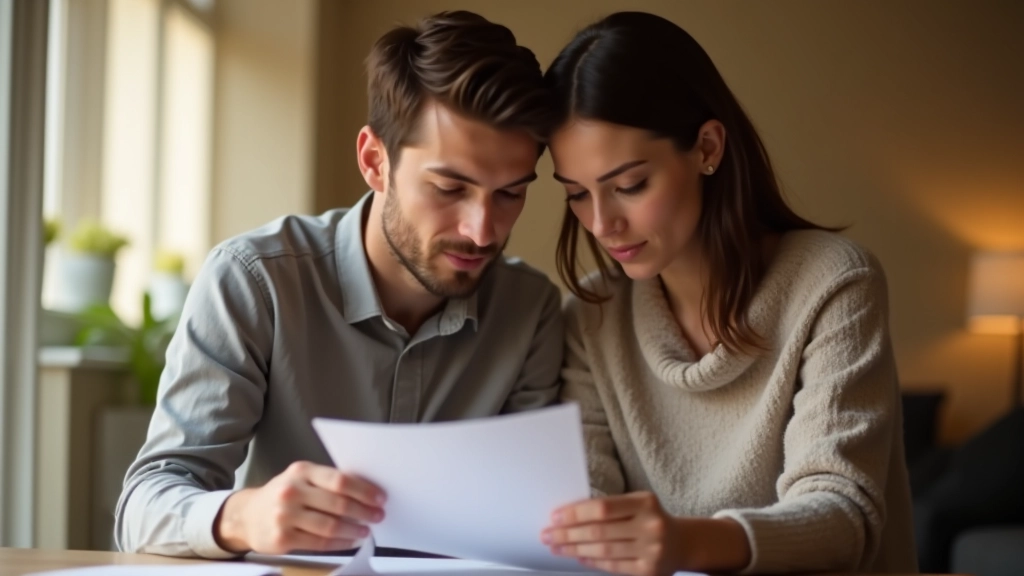 Junge Eltern mit neugeborenem Baby, die gemeinsam Elterngeldanträge durchgehen