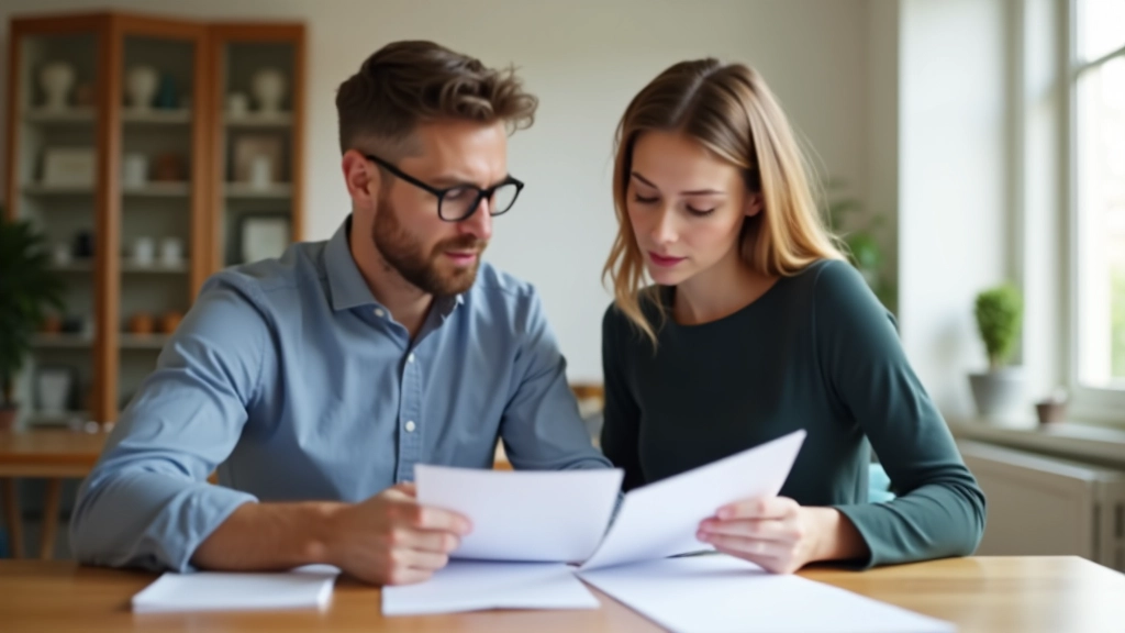 Ehepaar sitzt am Schreibtisch mit Steuerdokumenten und Taschenrechner