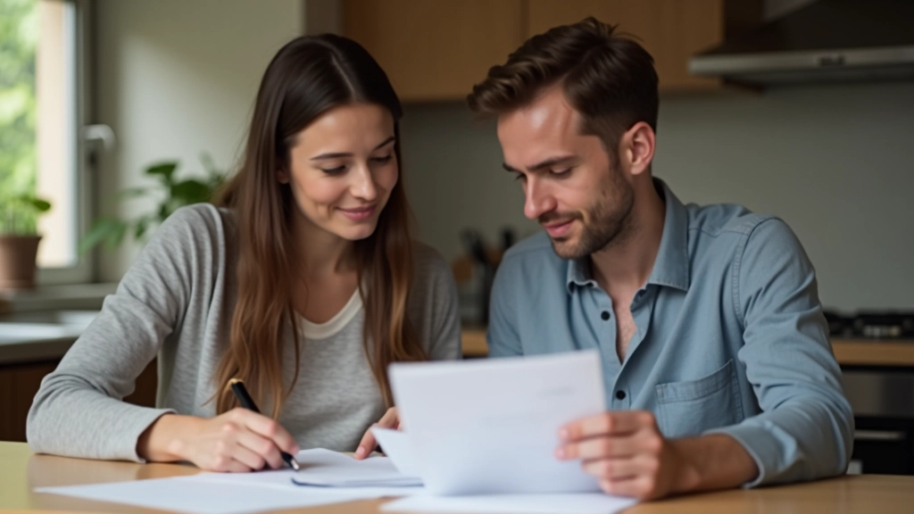 Ehepaar sitzt zusammen am Küchentisch und bespricht ihre Steuerdokumente mit konzentriertem Blick