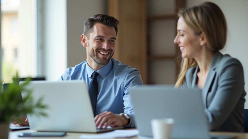 Glückliches Paar mittleren Alters schaut auf Laptop-Bildschirm mit Steuersoftware und lächelt erleichtert