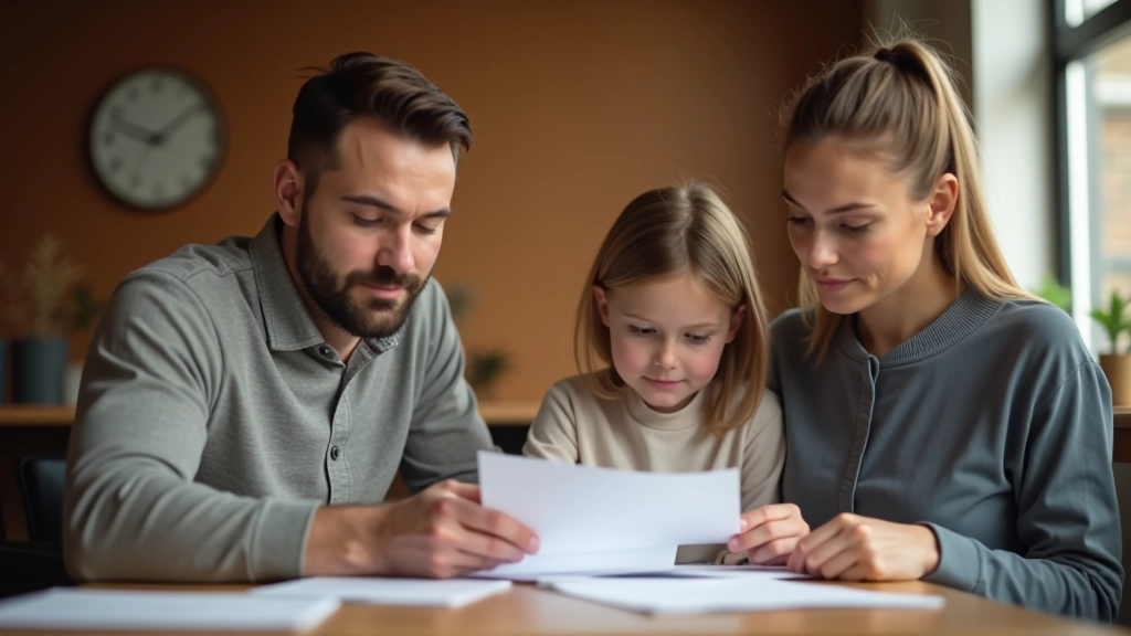 Familie sitzt zusammen und bespricht Finanzplanung mit Dokumenten und Laptop auf dem Tisch