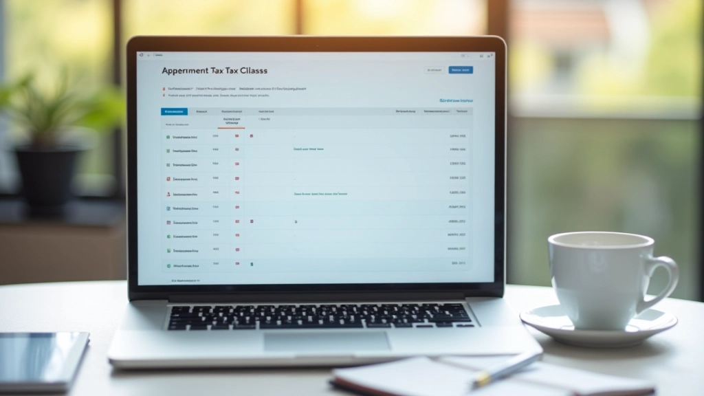 Laptop mit Steuersoftware und Finanzplanungsdokumenten, daneben eine Tasse Kaffee