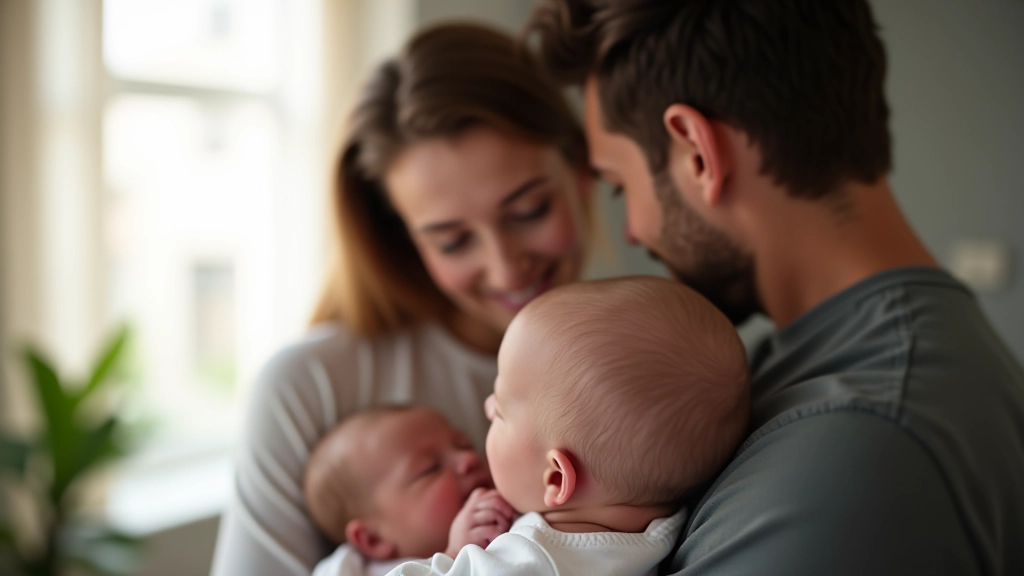 Newborn baby in parents' arms, parents smiling, warm home setting with soft natural light